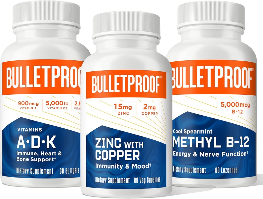 Neprebojna trojna nevarnost Moč paket, Vitamini A-D-K, 30 Softgels, cink z bakrom, 60 Kapsule, metil B-12, Spearmint Flavor, 60 Lozenges