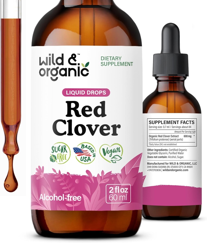 Divja in organska rdeča Clover Ekstrakt kapljice - Menopause Dodatki za ženske - 600 mg Tekoča rdeča Clover Tinktura - 1-mesečna dobava - Trifolium Pratense Blossom - Sladkor & Alkohol - 2 oz