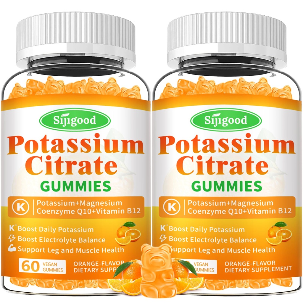 2 Pack Kalijev Citrat Gumies – Visoka moč Kalijev dodatek za zdravje mišic, Leg Cramp Relief, Elektrolit Balance – Vegan, Ne-GMO, Gluten-free, Orange Flavor, 120 Count