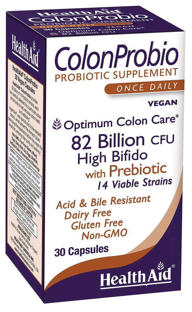 HealthAid ColonProbio 82 milijarda s prebiotiki, 14 sevi, enkrat na dan, 30ct, Optimum Colon Care, Kislina in žolč Resistant, Dairy Free, Gluten Free, Non-GMO