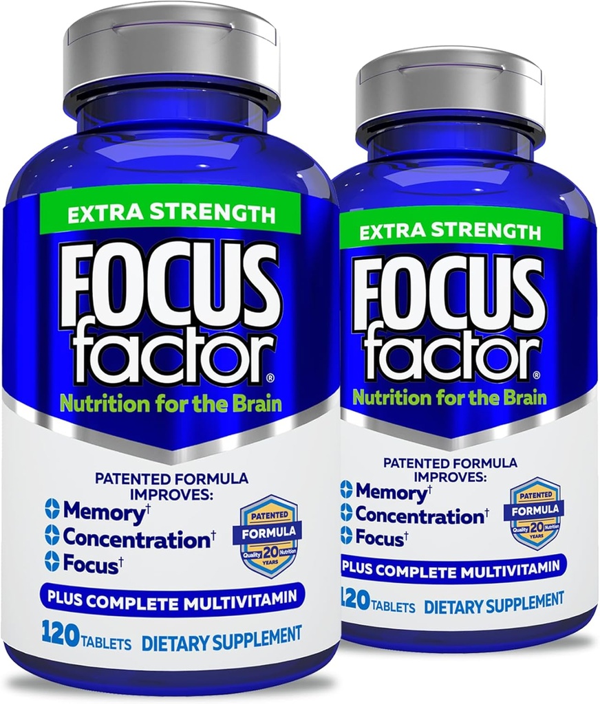 Fokus Factor Odrasli Dodatna moč, 120 Count- Možganski dodatek za spomin, Koncentracija, Fokus - DMAE, Vitamin D, DHA- Možgansko zdravje Dopolnilo – Trusted Formula- Brain Vitamini, Fokus tablete (2 pk)