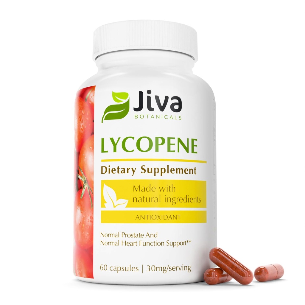 Jiva Botanicals Likopen Dodatek 30mg - Antioksidant Podpora za normalno prostato in zdravje srca - Likopen iz ekstrakta paradižnika - Izdelano v ZDA - Non GSO, Vegan - 60 kapsul