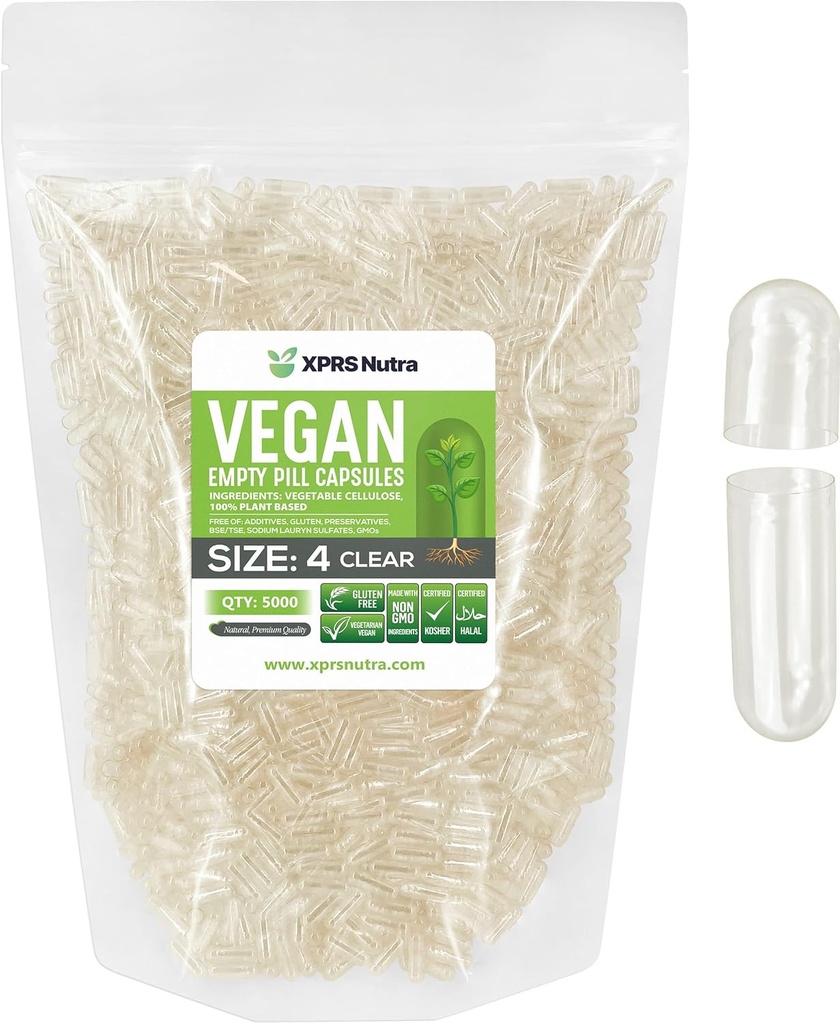 XPRS Nutra velikost 4 prazne kapsule - 5000 Štetje majhnih čistih praznih veganskih kapsul - DIY mehanska kapsula Polnjenje - Napolnjeno Do-it-Your Yourself Veggie Pills za dodatke