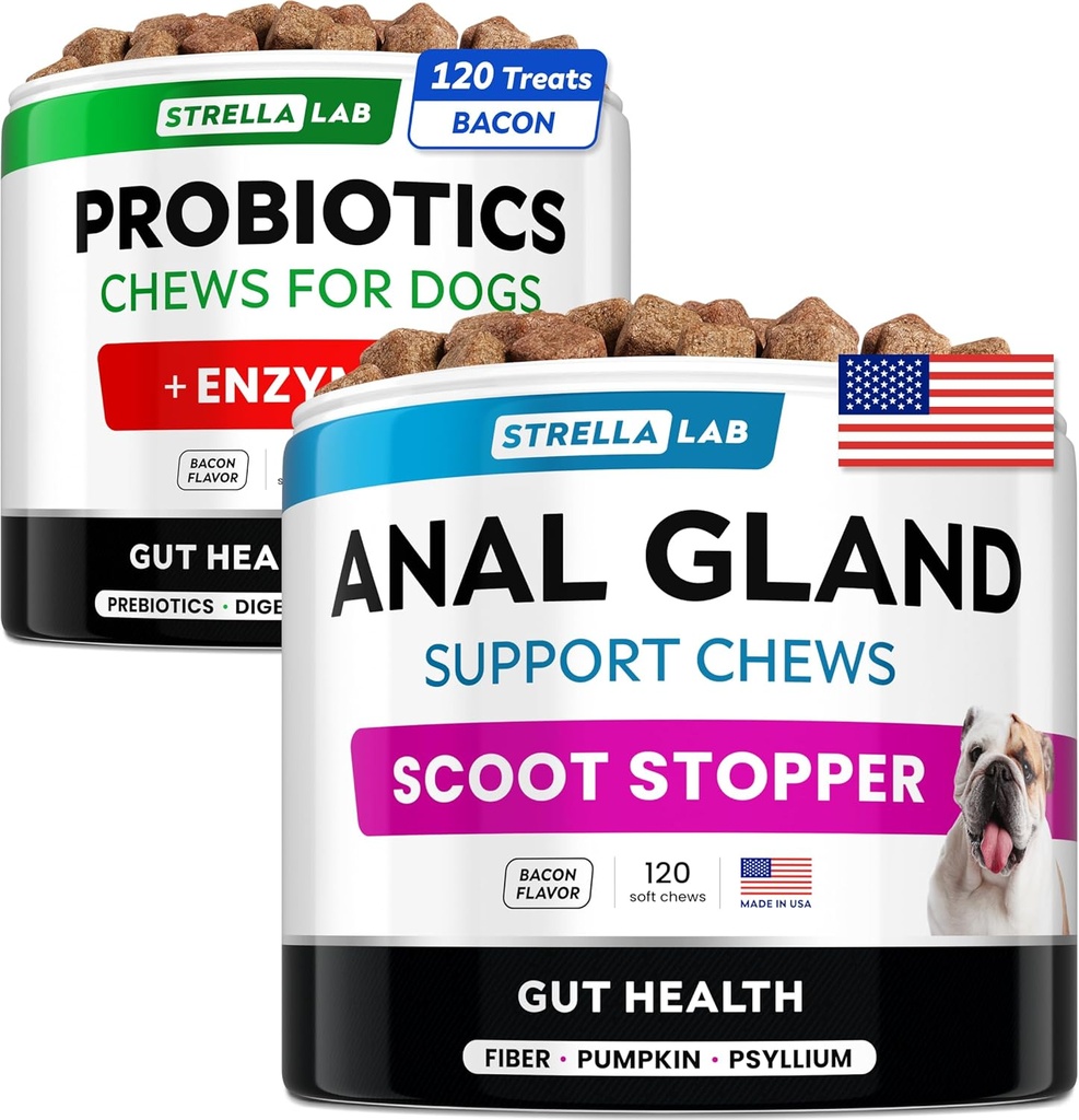 Probiotiki + Anal Gland Support Dogs Bundle - Prebavne Encimi in Prebiotiki - Alergija, Diareja, Zaprtje & Scoot Zdravljenje - Fiber dodatek za prebave, Gut zdravje in imuniteto - Made in ZDA