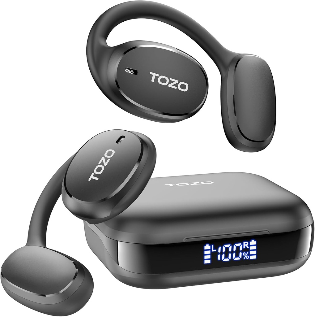 TOZO OpenEgo Open Earbuds Bluetooth slušalke, 80Hrs Playtime Wireless slušalke z ušesi, digitalni zaslon, 32 EQ načini, Jasno klic, Udobno obleko, Sweat-Proof za tek vadbe črna