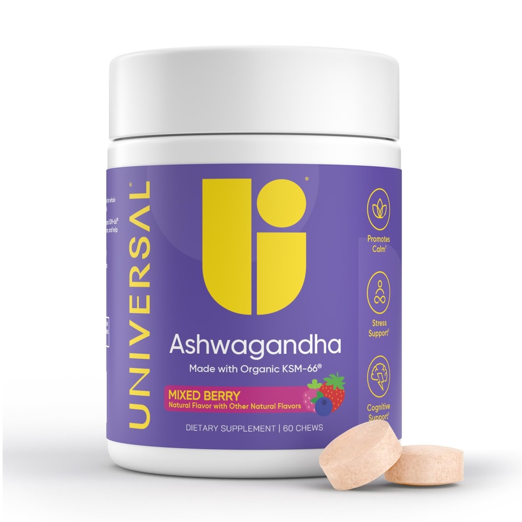 Ashwagandha KSM-66 Chews - Dnevni stres, Kognitivne funkcije in podpora razpoloženja žvečljivi dodatek, Biorazpoložljivi Polni spekter KSM66 Ashwagandha Root Extract, Calm & Relaxation – Mešano Berry, 60 Count