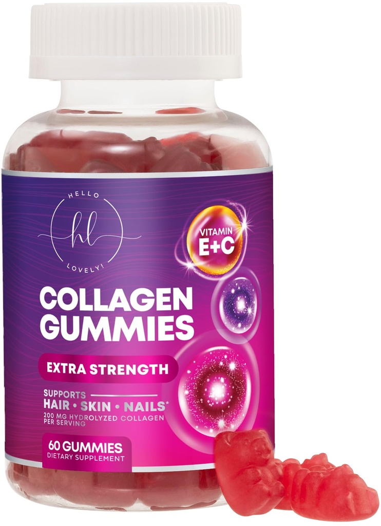 Kolagen Peptide Gumies z 2500 mcg Biotin - hidrolizirani proteini tipa I in III Multi Collagen dodatek z vitaminom C in cinkom - Podpora za lase, kožo, nohte, Okusno Granatno aromo - 60 Gumies