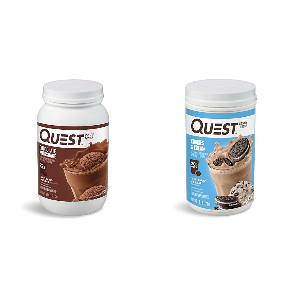 Quest Nutrition Chocolate Milkshake Protein Powder, 22g Beljakovine, 1g Sladkor, brez ogljikovih hidratov, brez glutena, 3 funt, 43 Strežbi & Piškotki & Cream Protein Powder; 20g Beljakovine; 1g Sladkor; brez ogljikovih hidratov; Brez glutena