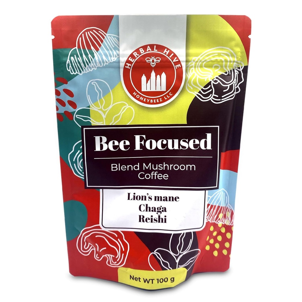 Kava z gobami zeliščnega panjevca, osredotočena na čebele, vključuje adaptogene Reishi, levjo grivo in Chaga Superfood Nizkokislinski Instant 30 servingov (3.5 oz, temna pečenka)