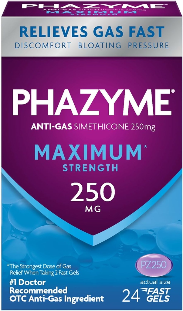 Phazyme maksimum* Moč proti Gasu 250 mg Simeticone Gas Relief za odrasle, hitro geli hitro napenjanje, pritisk in nelagodje, 24 Število
