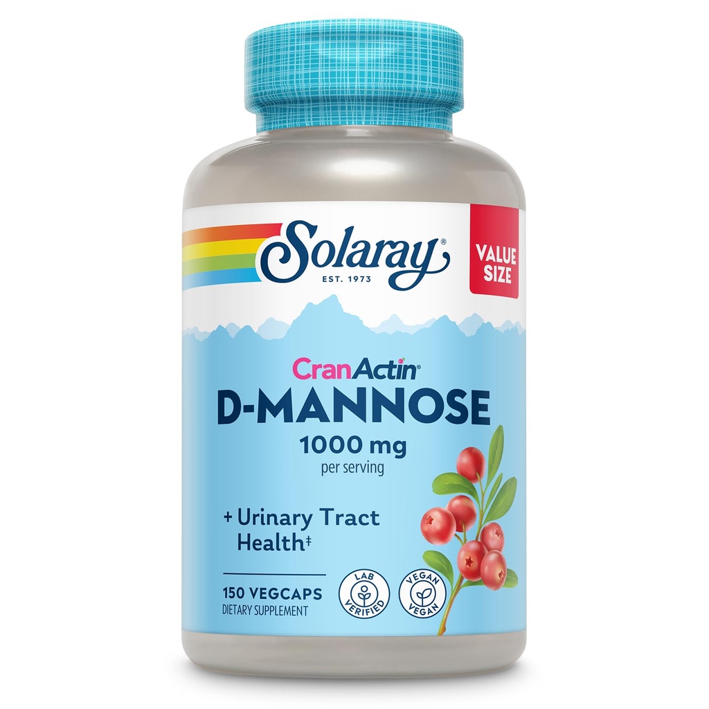 Solaray D-mannose 1000mg z CranActin Cranberry Dopolnilo 400mg, Sein Tract Zdravje & Bladder podporne kapsule z vitaminom C, Vegan, 60 dan garancije, 75 Serving, 150 VegCaps