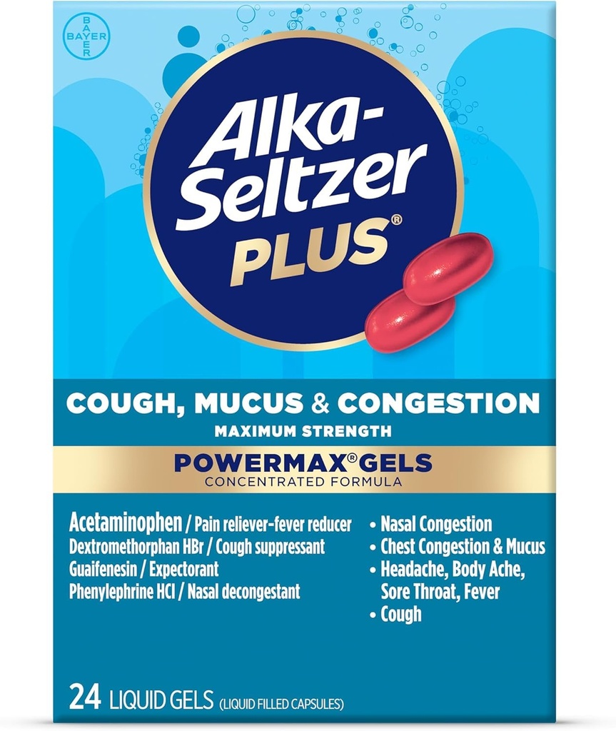 Alka-Seltzer Plus maksimalna moč kašelj, Mucus & Congestion Powermax tekoči geli, hitro in učinkovito prezasedenost prsnega koša, kašelj Supresiven, za odrasle in otroke 12 let in starejši 24 Število