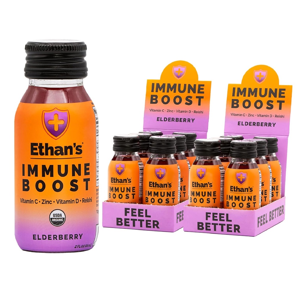 Ethanov imunski pospešek, Elderberry Flavor. Počuti se bolje. Podpora imunitete, izdelano iz pravega sadja, vitamina C, vitamina D, Reishi, cink, brez dodanega sladkorja (12 Paket 2oz Shots)