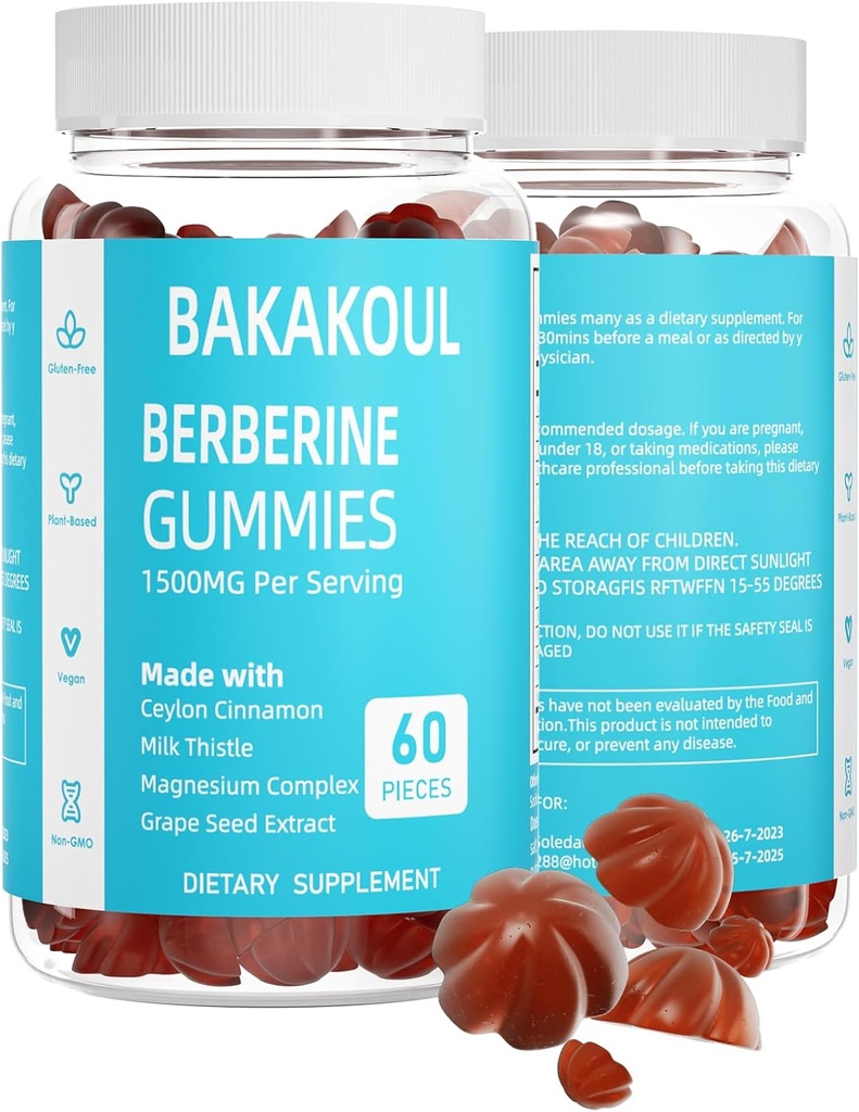 Berberine s Ceylon Cimet Gumies, brez sladkorja Berberine 1500 mg in Ceylon Cinnamon 500 mg, visoke jakosti Berberine Gumies z magnezijevim kompleksom in Mlečni osat, 60 Gumies