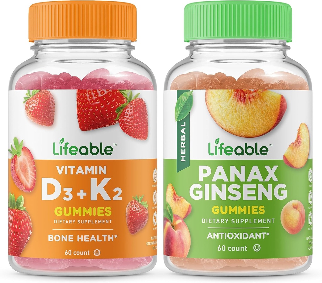 Življenjski vitamin D3 + vitamin K2 + Panax ginseng, Gummies Bundle - odličen okus, Vitamin dodatek, Gluten brezplačno, GSO brezplačno, Žvečljivi gumi