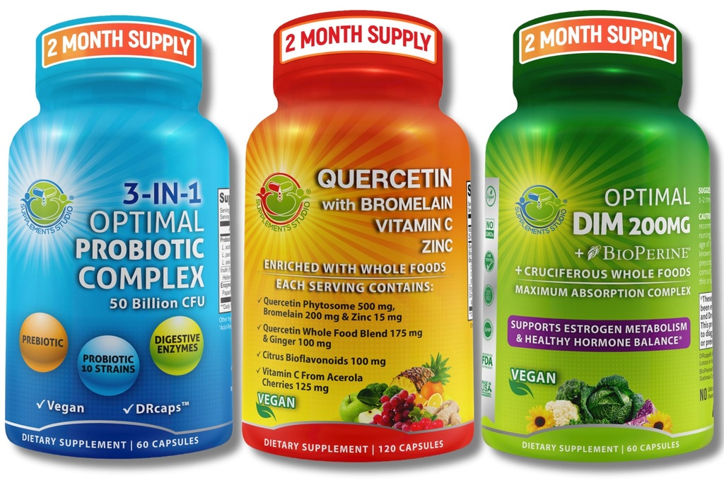 Veganski hormon, Imuno & Gut Health Support Bundele – Quercetin 500mg z bromelainom, cinkom in vitaminom C + DIM 200mg z BioPerine® + 3- v-1 probiotik 50 milijard CFU z digestivnimi encimi in prebiotiki
