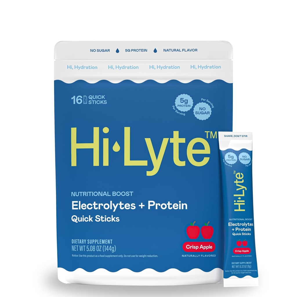 Hi-Lyte Elektroliti + Beljakovinske hitre palčke Crisp Apple, 16 Serving - natrij, kalij, sirotkini proteini - Keto prijazno - 5g beljakovine, brez sladkorja