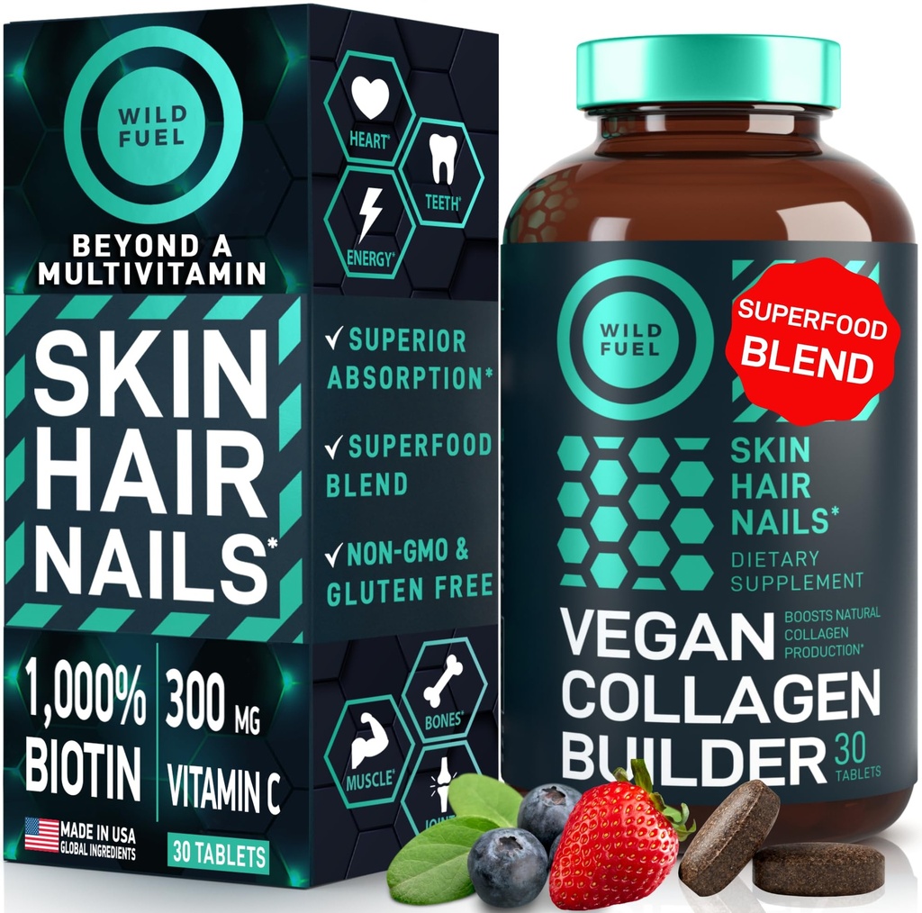 WILD FUEL Vegan Collagen Builder - Biotin, Organic Superfood, Aminokisline Glicin, Lizin, Proline Rastline-Based Colagen Booster dodatki - 30 Organski ekstrakt tablete