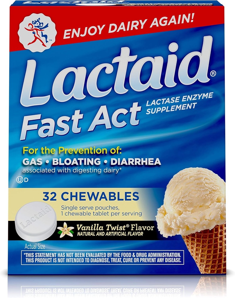 Lactaid Fast Act Laktoza Intoleranca Žvečilni žvečilni izdelki z encimi laktaze, Vanilla Twist, 32 Pks 1-ct.