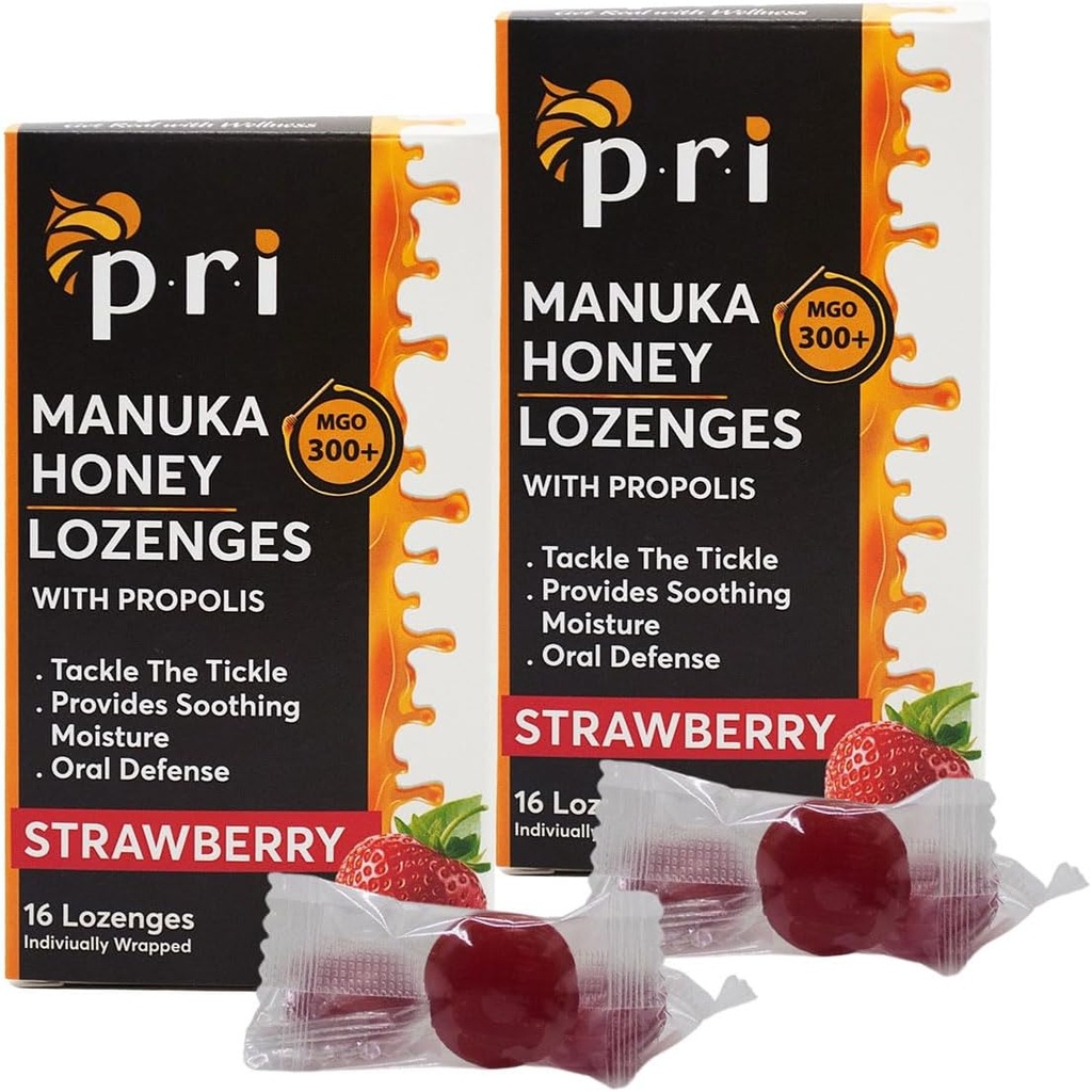 P.R.I Manuka Honey Lozenges z Propolis, Pomirjujoče kašelj in grlo kapljice, MGO 300+ Certificirano (Strawberry, 16 Count/2 Pack)