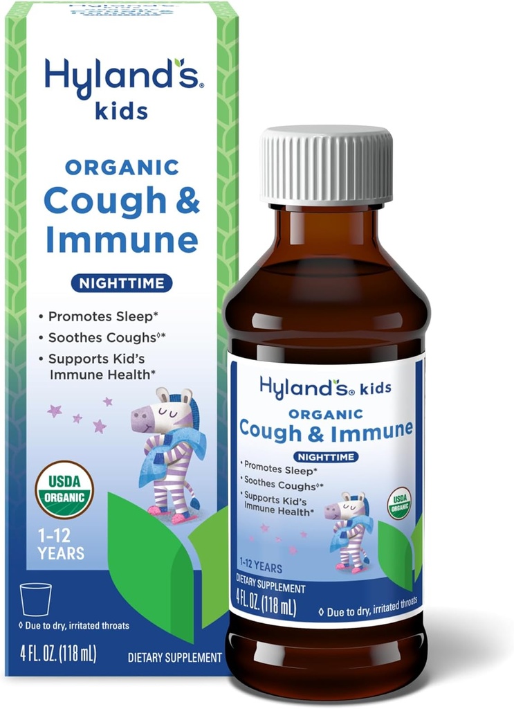 Hyland's Kids Nighttime Organic Cough Sirup in imunske podpore z Agave, Elderberry in Pomegranate, Soothes Cough, in podpira imuniteto, 4 Fl. Oz.