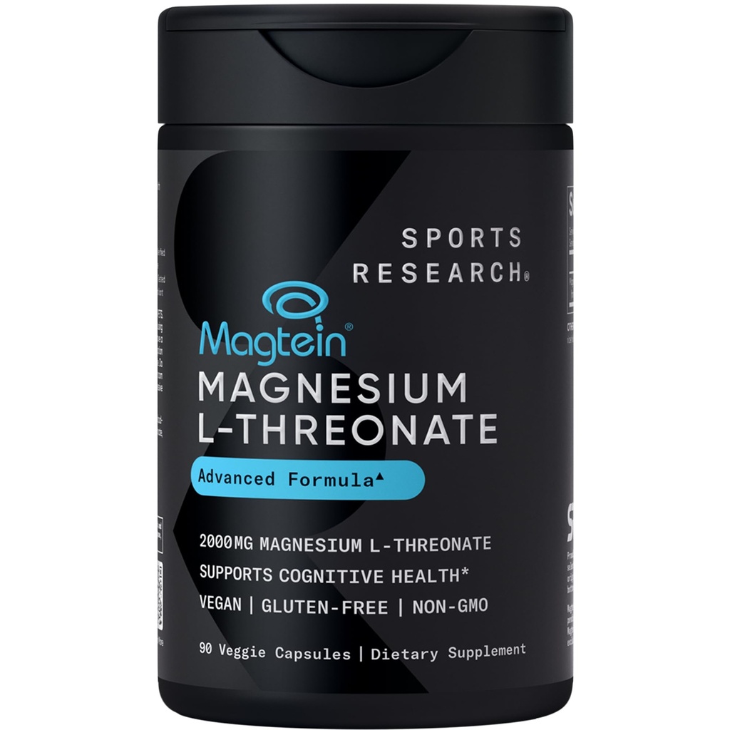 Športne raziskave Magtein Magnezij L-treonat Kapsule - Magnezij dodatek za spomin, Fokus & Kognition - Magnezij L Treonate podpira zdravje možganov, spanje in razpoloženje - 2000mg, 90 Kapsule za odrasle