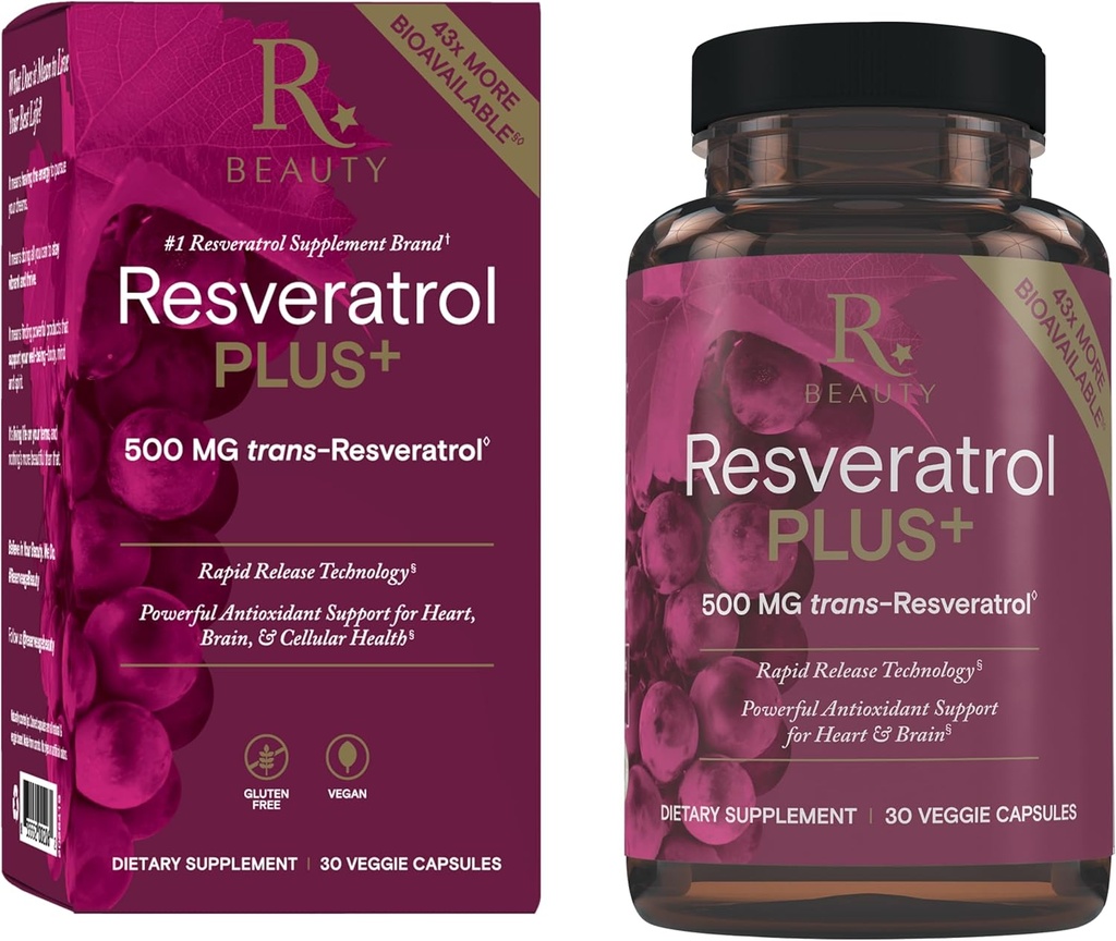 Rezerva Beauty Resveratrol Plus+ 500 mg - hitro sproščanje Resveratrol kapsule s Quercetin za imunski sistem, zdravje možganov in celično zdravje - Gluten-free & Vegan - 30 Veggie kapsul