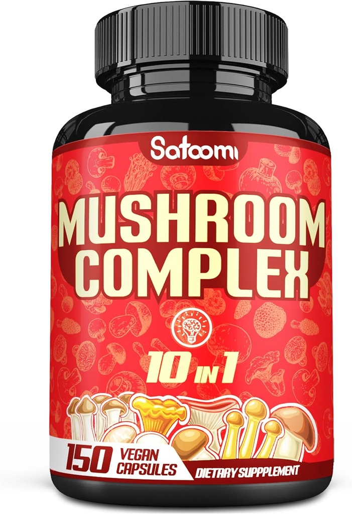 Satoomi 10in1 Gobe Complex dopolnila - 5 mesecev dobave - Mešanica z Lions Mane, Cordyceps, Reishi, Chaga, Maitake, Shitake & drugi - Brain podpora - 150 kapsul