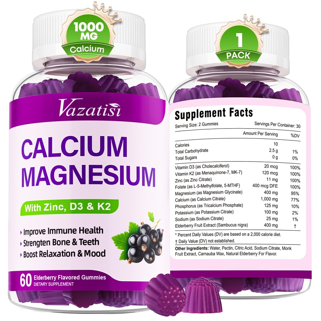 Kalcijev magnezijev cink Gumiji z vitaminoma D3 in K2, visoka absorpcija Magnezijev glicinat Kalij za imunske in mišične mase, Vegan Elderberry Flavor 60