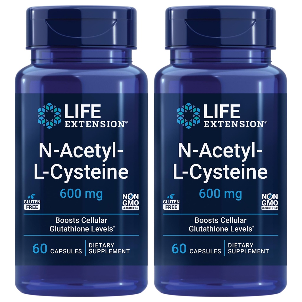 Life Extension N-acetil-L-Cysteine (NAC), Imunski odziv, zdravje dihal, zdravje jeter, NAC 600 mg, antioksidant obramba, prosti radikali, Easy to Absorb - dve pakiranji x 60 kapsul