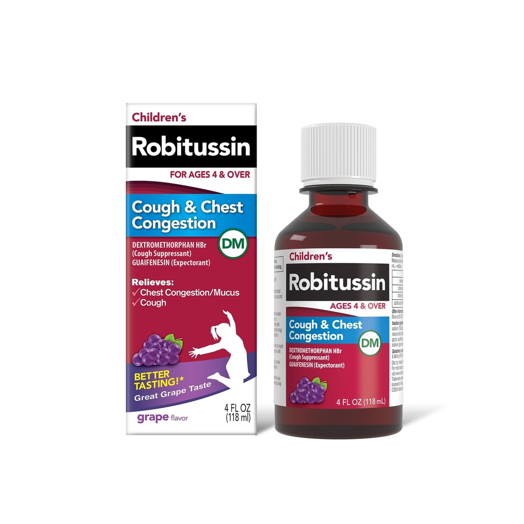 Robitusin Otroški kašelj in prezasedenost prsnega koša DM, Kašelj Medicina za otroke, Grozdni okus - 4 Fl Oz Steklenica, 300318715130