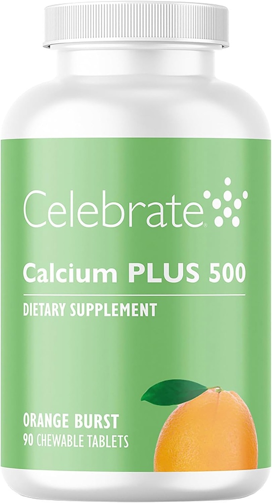 Praznujte vitamine Kalcij Plus 500 Bariatrični kalcijev citrat z vitaminom D3 Žvečljivi, 500 mg, brez glutena in sladkorja, kalcijev citrat za bariatrične bolnike, oranžni burst, 90 število