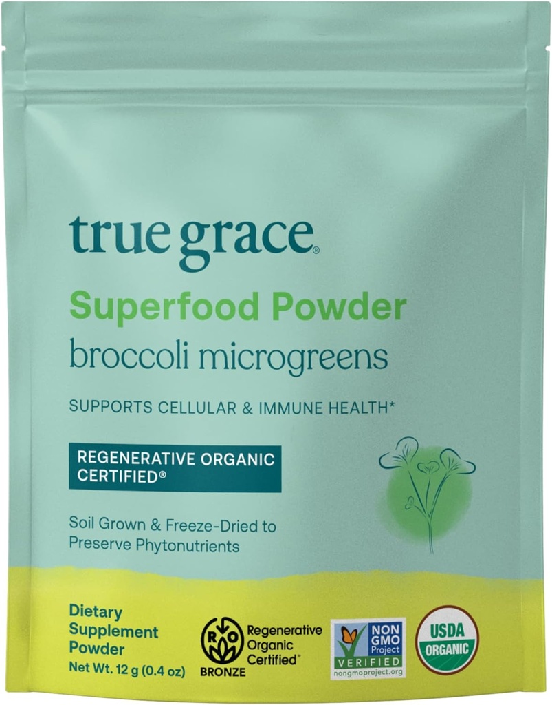 True Grace Broccoli Mikrozeleni - 0,4 oz - Dnevna Superfood prašek za celično in imuno zdravje - Gluten & Soy Free, Vegan, Regenerativni organski Certified - 30 Servings