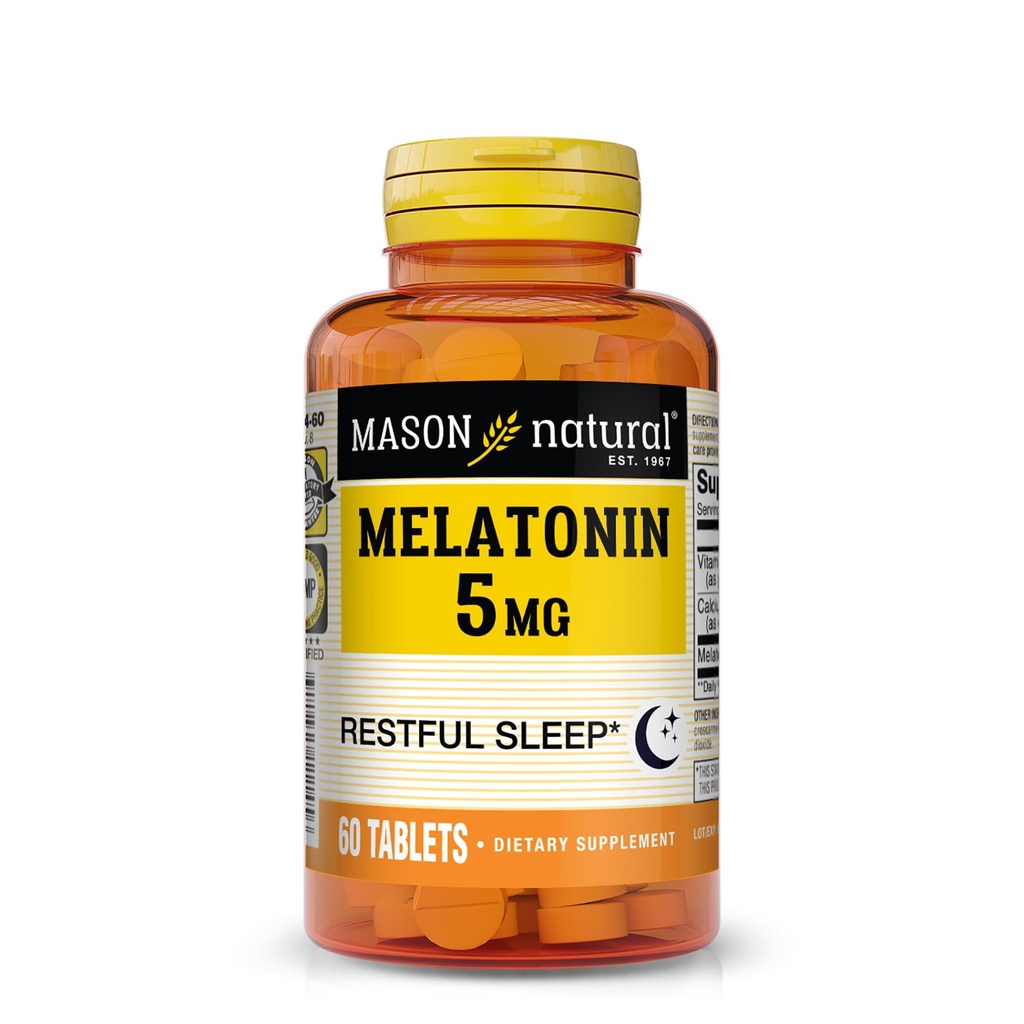 Mason Natural melatonin 5 mg z B6 & kalcij, naravni spanec pomoč, podpira mirno spanje, 60 tablet