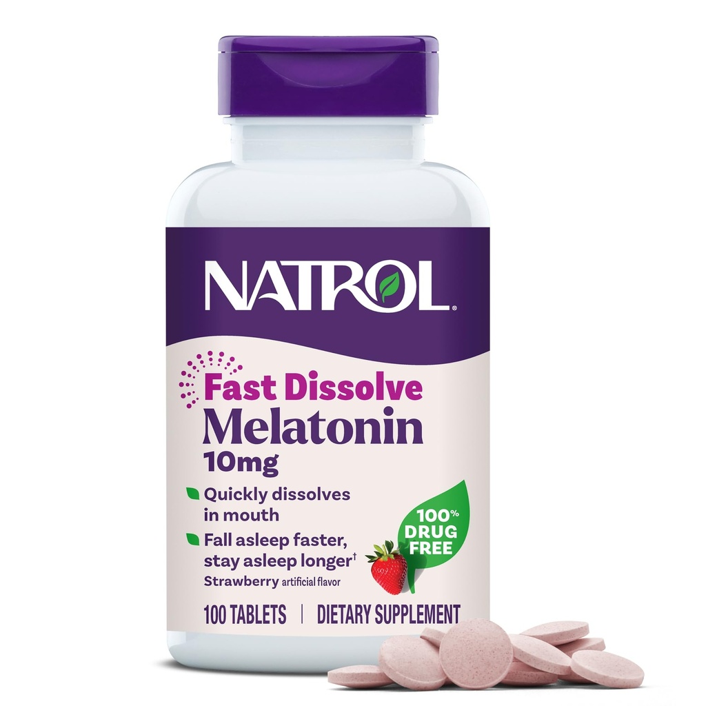 Natrol Melatonin 10mg Hitre raztapljajoče tablete - okus jagod, 100 Štetje, podpora za spanje, hitro raztapljanje melatonin za odrasle, 100-dnevna oskrba