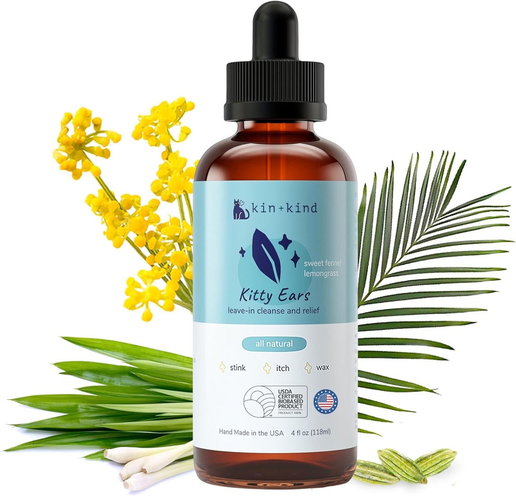 Kin+kind Cat Ear Cleaner - Cat Uho Kapljice, Vet Uho rešitev, odpravlja Wax, Odor in Itchy draženje, Cat Ear Cleaner Solution, Naravno doma Pet Grooming - Made in USA