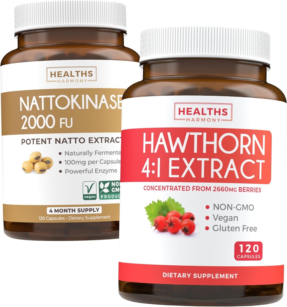 Nattokinase & Hawthorn (4-mesečna zaloga) Nattokinase Berry Harmony - Nattokinase 2000 FU Močni naravno fermentirani soji (4-mesečna zaloga) & Hawthorn Berry 4:1 Ekstrakt - Veganski in ne-GMO