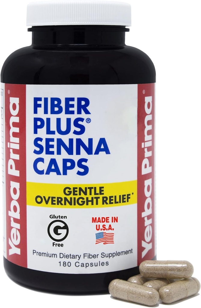 Yerba Prima Fiber Plus Senna kapsule, 180 Count - Nežna čez noč Relief, ZDA Made, Non-GMO, za kratkotrajno uporabo za obnovitev rednosti