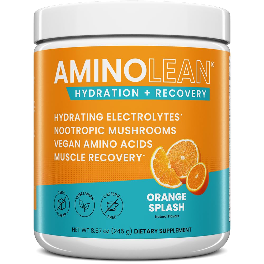 Aminolean Hidralizat v prahu in regeneracijski napitek z morskimi minerali, nootropnimi gobami in veganskimi aminokislinami, BCAA + EAA za izgradnjo mišic po treningu, oranžna splash