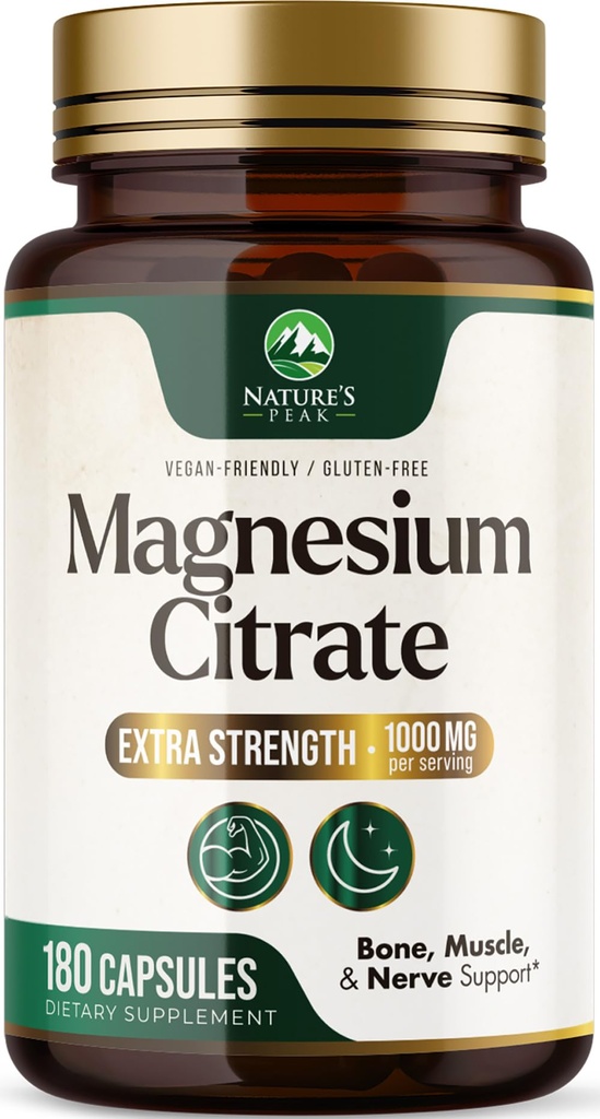 Magnezijev citrat 1000mg - visoka absorpcija Magnezijev dodatek Podpira mišice, kosti, živcev in srca - Dodatna moč Magnesio kompleksne tablete - Ne-GMO, Premium Energy Formula - 180 kapsul