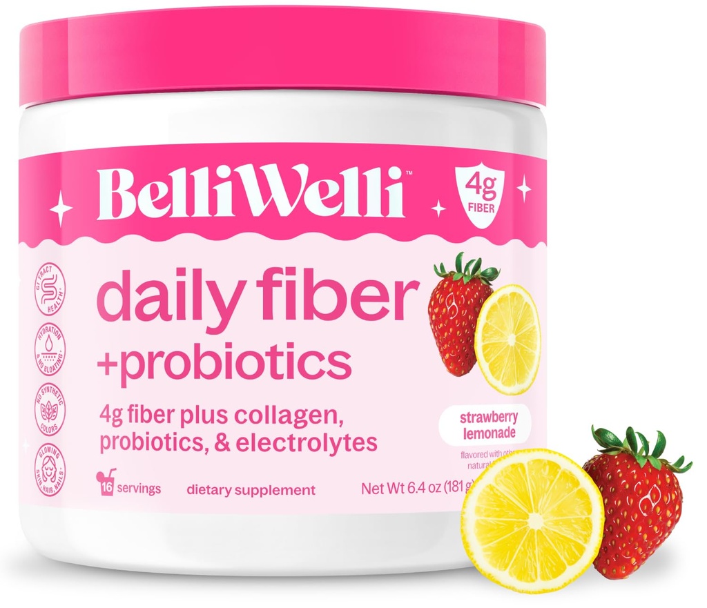 Belli Welli Fiber dodatek za ženske in moške, Premium Daily Fiber Powder iz organske Acacia z dodanim kolagenom, Elektrolitis&Probiotics, No Bloat, Zaprtje & Gut Health Support (Strawberry Limonada)