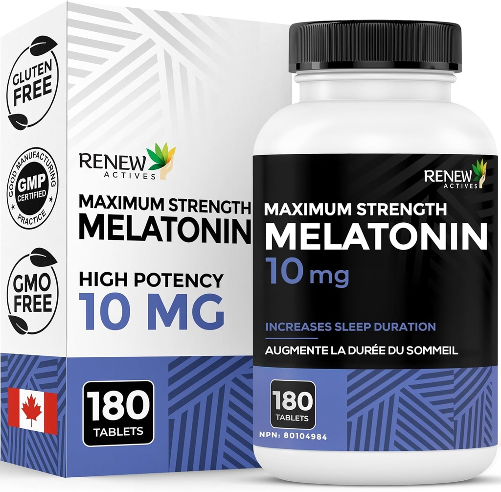 Renew Actives Melatonin 10mg na strežbo – spodbuja globlji, daljši in idealen za upravljanje spanja, Jet Lag & za ponastavitev vaš cikel spanja - Made in Canada - 180 tablet