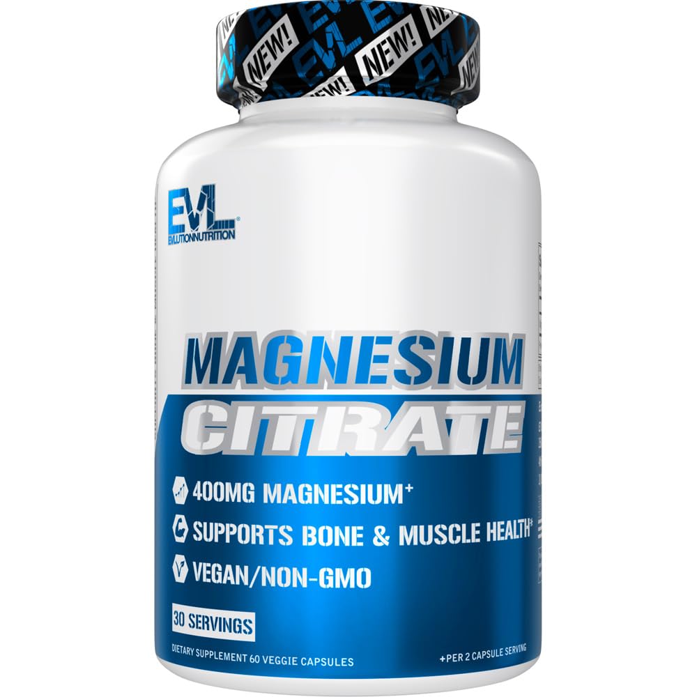 EVL Magnezijev citrat Kapsule 400mg - Supplement za zdravje mišic in kosti s čistim magnezijevim citratom za sproščanje mišic in moč kosti - 60 Veggie kapsule za zdravje