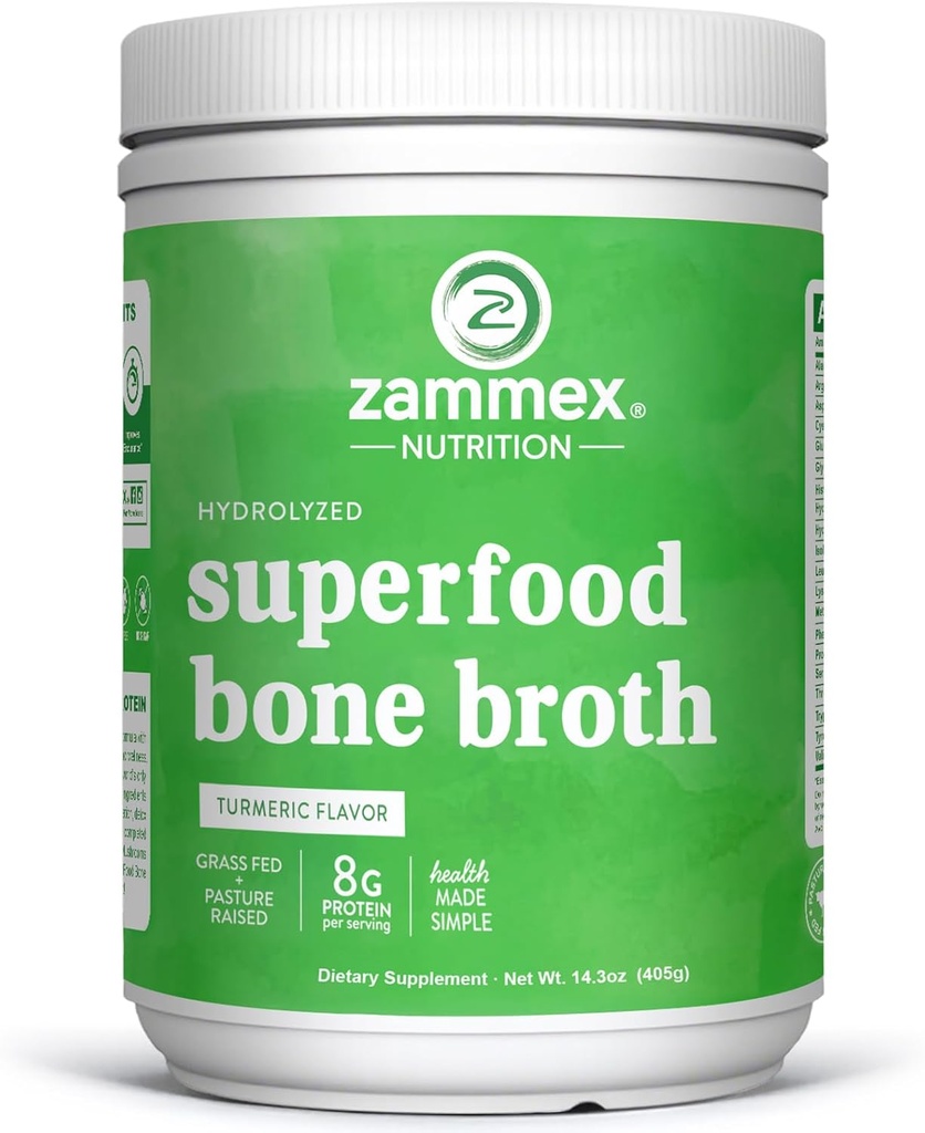 Zammex Bone Broth Plus Superfood Protein Powder (turmična aroma), 8g hidrolizirane beljakovine z vitaminom D, za zdravo kožo, nohte, lase, sklepe in prebavo,Non-GMO (30 strežb)