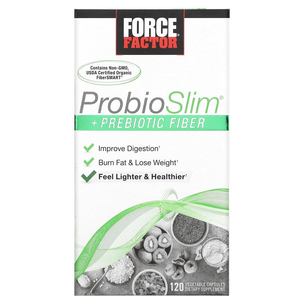 Force Factor ProbioSlim + Prebiotic Fiber hujšanje dodatek za ženske in moške, Probiotik in Prebiotic Digestive Health Podpora z izvleček zelenega čaja in Psyllium Husk Fiber, 120 Kapsule