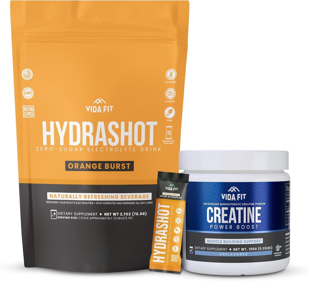 Hidracija in zmogljivost paket: 150g Mikroniziran Kreatin Monohidrat & Hydrashot Orange Elektrolit Hydration Powder (15 Servings) – Sugar-free, Vegan, in kot nalašč za vzdržljivost in okrevanje