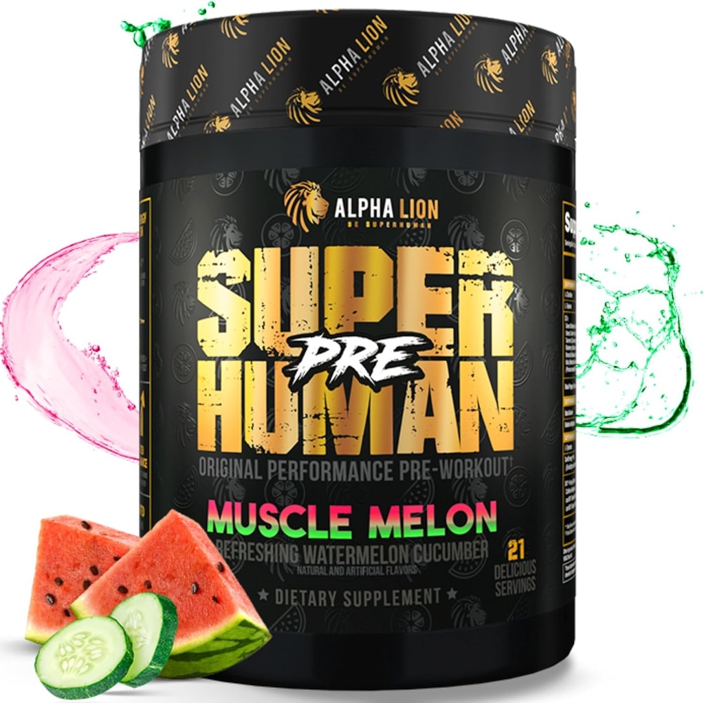 ALPHA LION superčloveški predworkout prašek, beta alanin, L-tavrin in tri-virinov kofein za trajno energijo in fokus, dušikov oksid in citrulin za črpalko (21 strežnikov, mišična melona)