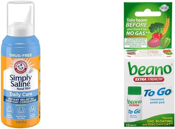 Arm & Hammer Simply Saline Nasal Spray 4.5oz & beano to Go Gas Relief Tablets 12 Count