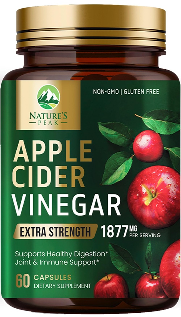 Apple Cider Vinegar kapsule ACV dopolnila 1877mg, vitamin D3, cink & najboljše ACV dopolnilne tablete podpirajo zdravje Gut za boljšo prebavo, podporo imunskega sistema, brez GMO & gluten, 60 kapsul