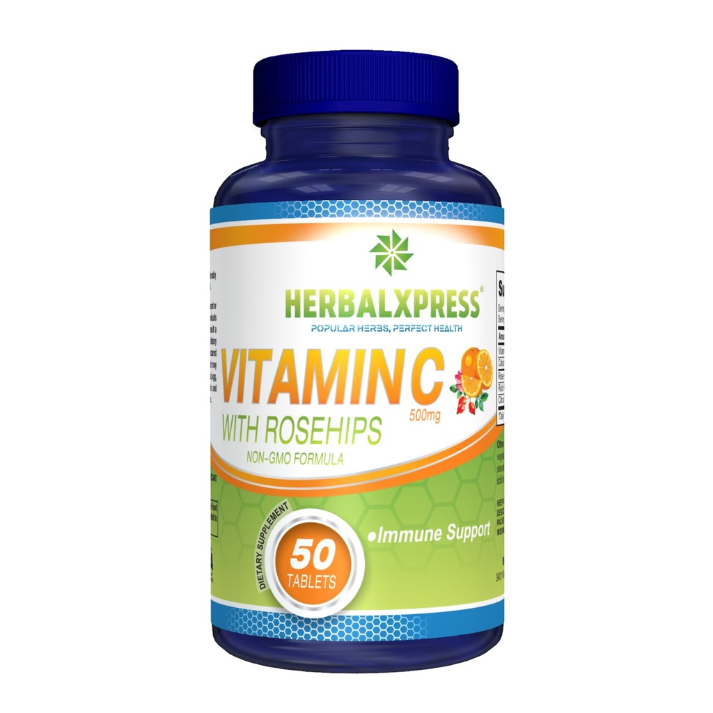 Herbalxpress Vitamin C 500mg z Rose HIPS, Askorbinska kislina & Citrus Bioflavonoidi 50 Tablete (1 Tub) - Močni Duo:- Dopolnilni pristop za povečanje imunskega sistema.